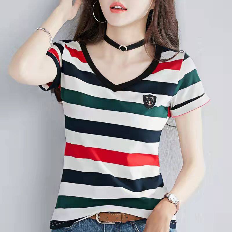 100% cotton Korean New fashion lady Cotton Short-sleeved Stripe T-shirt Women Slim Thin Large Size V-neck Half-sleeve Tee Summer Top