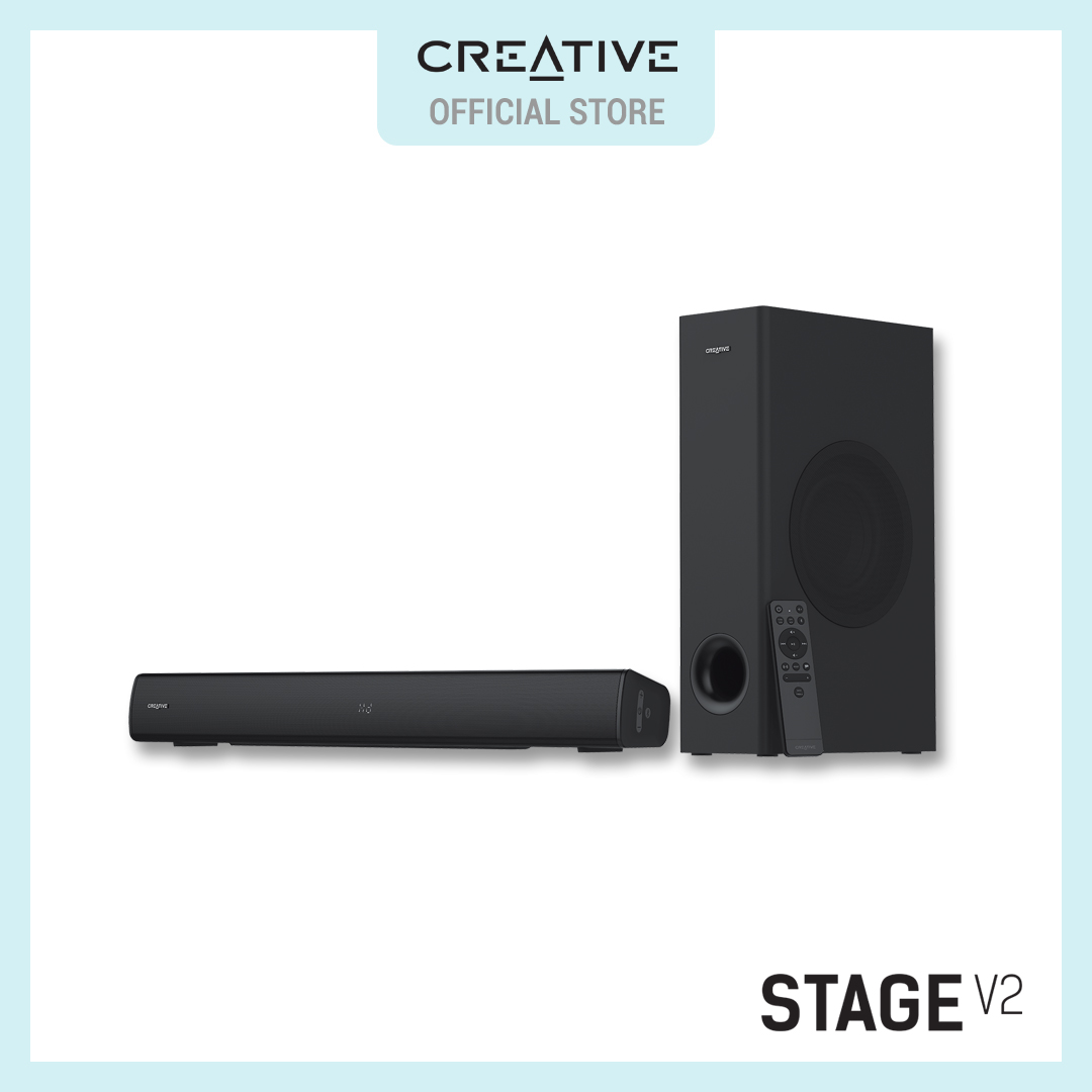 Creative Stage V2 - 2.1 Soundbar with Subwoofer, Clear Dialog and Surround by Sound Blaster, Bluetooth 5.0, TV ARC, Optical, and USB Audio, Wall Mountable, Adjustable Bass and Treble, for TV